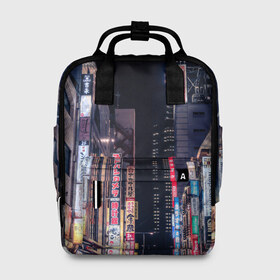 Женский рюкзак 3D с принтом Ночной Токио в Курске, 100% полиэстер | лямки с регулируемой длиной, сверху ручки, чтобы рюкзак нести как сумку. Основное отделение закрывается на молнию, как и внешний карман. Внутри два дополнительных кармана, один из которых закрывается на молнию. По бокам два дополнительных кармашка, куда поместится маленькая бутылочка
 | Тематика изображения на принте: город | города | дома | здания | иероглифы | надписи | небо | неон | ночь | огни | страны | сумерки | улица | фонари | япония