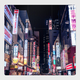 Магнитный плакат 3Х3 с принтом Ночной Токио в Курске, Полимерный материал с магнитным слоем | 9 деталей размером 9*9 см | город | города | дома | здания | иероглифы | надписи | небо | неон | ночь | огни | страны | сумерки | улица | фонари | япония