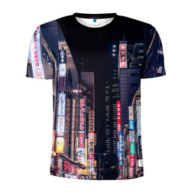 Мужская футболка 3D спортивная с принтом Ночной Токио в Курске, 100% полиэстер с улучшенными характеристиками | приталенный силуэт, круглая горловина, широкие плечи, сужается к линии бедра | город | города | дома | здания | иероглифы | надписи | небо | неон | ночь | огни | страны | сумерки | улица | фонари | япония