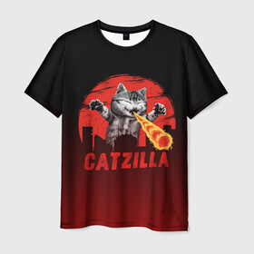 Мужская футболка 3D с принтом CATZILLA в Курске, 100% полиэфир | прямой крой, круглый вырез горловины, длина до линии бедер | Тематика изображения на принте: catzilla | годзилла | кот | котик | кошка | кэтзилла | мимими | прикол | прикольная