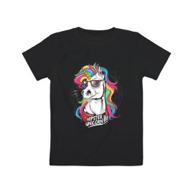Детская футболка хлопок с принтом Единорог хипстер в Курске, 100% хлопок | круглый вырез горловины, полуприлегающий силуэт, длина до линии бедер | hipstern | horse | unicorn | единорог | лошадь | пони | радуга | разноцветная | хипстер