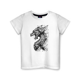 Детская футболка хлопок с принтом Китайский дракон арт в Курске, 100% хлопок | круглый вырез горловины, полуприлегающий силуэт, длина до линии бедер | арт | динозавр | дракон | дракон арт | драконий рев | зубы | китайский дракон | китайский дракон арт | клыки | крутой дракон | оскал | рев | серый | черно белый | чешуя | ящерица