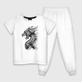 Детская пижама хлопок с принтом Китайский дракон арт в Курске, 100% хлопок |  брюки и футболка прямого кроя, без карманов, на брюках мягкая резинка на поясе и по низу штанин
 | арт | динозавр | дракон | дракон арт | драконий рев | зубы | китайский дракон | китайский дракон арт | клыки | крутой дракон | оскал | рев | серый | черно белый | чешуя | ящерица
