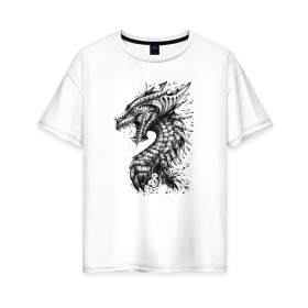 Женская футболка хлопок Oversize с принтом Китайский дракон арт в Курске, 100% хлопок | свободный крой, круглый ворот, спущенный рукав, длина до линии бедер
 | арт | динозавр | дракон | дракон арт | драконий рев | зубы | китайский дракон | китайский дракон арт | клыки | крутой дракон | оскал | рев | серый | черно белый | чешуя | ящерица