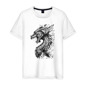 Мужская футболка хлопок с принтом Китайский дракон арт в Курске, 100% хлопок | прямой крой, круглый вырез горловины, длина до линии бедер, слегка спущенное плечо. | Тематика изображения на принте: арт | динозавр | дракон | дракон арт | драконий рев | зубы | китайский дракон | китайский дракон арт | клыки | крутой дракон | оскал | рев | серый | черно белый | чешуя | ящерица