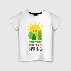 Детская футболка хлопок с принтом Hello Spring в Курске, 100% хлопок | круглый вырез горловины, полуприлегающий силуэт, длина до линии бедер | Тематика изображения на принте: 2020 | арт | весна | деревья | лес | солнце | солнышко | цветы