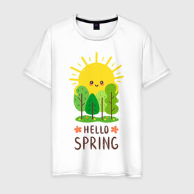 Мужская футболка хлопок с принтом Hello Spring в Курске, 100% хлопок | прямой крой, круглый вырез горловины, длина до линии бедер, слегка спущенное плечо. | 2020 | арт | весна | деревья | лес | солнце | солнышко | цветы