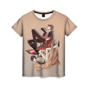 Женская футболка 3D с принтом Дазай и Чуя в Курске, 100% полиэфир ( синтетическое хлопкоподобное полотно) | прямой крой, круглый вырез горловины, длина до линии бедер | bungou stray dogs | аниме | великие из бродячих псов | дазай | чуя
