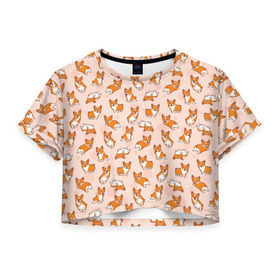 Женская футболка Crop-top 3D с принтом Корги в Курске, 100% полиэстер | круглая горловина, длина футболки до линии талии, рукава с отворотами | art | corgi | dog | арт | корги | паттерн | собака