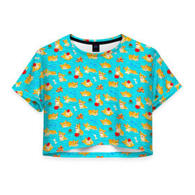 Женская футболка Crop-top 3D с принтом Корги в Курске, 100% полиэстер | круглая горловина, длина футболки до линии талии, рукава с отворотами | art | corgi | dog | арт | корги | паттерн | собака