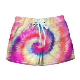 Женские шорты 3D с принтом Tie Dye vortex в Курске, 100% полиэстер | прямой крой, два кармана без застежек по бокам. Мягкая трикотажная резинка на поясе, внутри которой широкие завязки. Длина до середины бедра | art | hype | maelstrom | swirl | tie dye | trend | vortex | акварель | акрил | арт | буйство | вихрь | дизайн | завихрение | краски | красок | тай дай | торнадо | тренд | трендовая | хайповая