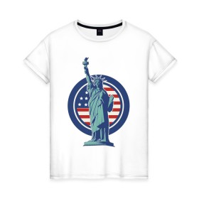 Женская футболка хлопок с принтом Usa Liberty Statue в Курске, 100% хлопок | прямой крой, круглый вырез горловины, длина до линии бедер, слегка спущенное плечо | Тематика изображения на принте: friends | liberty | liberty statue | logo | new york | statue | usa | друзья | нью йорк | статуя | статуя свободы | сша