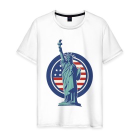 Мужская футболка хлопок с принтом Usa Liberty Statue в Курске, 100% хлопок | прямой крой, круглый вырез горловины, длина до линии бедер, слегка спущенное плечо. | Тематика изображения на принте: friends | liberty | liberty statue | logo | new york | statue | usa | друзья | нью йорк | статуя | статуя свободы | сша