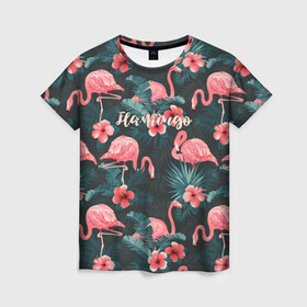 Женская футболка 3D с принтом Flamingo в Курске, 100% полиэфир ( синтетическое хлопкоподобное полотно) | прямой крой, круглый вырез горловины, длина до линии бедер | girl | woman | девушкам | девушки | листья | подарок | тропические цветы | фламинго | цветы