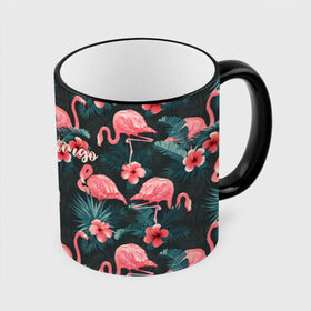 Кружка с полной запечаткой с принтом Flamingo в Курске, керамика | ёмкость 330 мл | girl | woman | девушкам | девушки | листья | подарок | тропические цветы | фламинго | цветы