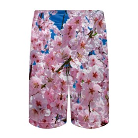 Детские спортивные шорты 3D с принтом Цветущая Сакура в Курске,  100% полиэстер
 | пояс оформлен широкой мягкой резинкой, ткань тянется
 | Тематика изображения на принте: 8 марта | весна | вишня | женский день | лепестки | март | поздравления | праздник 8 марта | ромашки | сакура | цветок | цветочки | цветы | япония