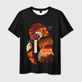 Мужская футболка 3D с принтом JAPAN FOX в Курске, 100% полиэфир | прямой крой, круглый вырез горловины, длина до линии бедер | fox | japan | orange | sakura | знаки | иероглифы | лиса | сакура | символы | фудзияма | япония
