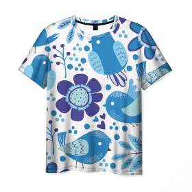 Мужская футболка 3D с принтом Воробушки в Курске, 100% полиэфир | прямой крой, круглый вырез горловины, длина до линии бедер | bird | forest | russia | winter | воробей | гжель | голубь | зима | лес | настроение | птица | птицы | россия | синий | синичка | хобби | хохлома | цвет | цветы