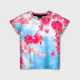 Детская футболка 3D с принтом Цветение Вишни в Курске, 100% гипоаллергенный полиэфир | прямой крой, круглый вырез горловины, длина до линии бедер, чуть спущенное плечо, ткань немного тянется | flowers | pink | бутоны | весна | вишня | дерево | листья | небо | облака | природа | розовый | сакура | солнце | цветение | цветочки | цветы