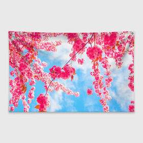 Флаг-баннер с принтом Цветение Вишни в Курске, 100% полиэстер | размер 67 х 109 см, плотность ткани — 95 г/м2; по краям флага есть четыре люверса для крепления | flowers | pink | бутоны | весна | вишня | дерево | листья | небо | облака | природа | розовый | сакура | солнце | цветение | цветочки | цветы