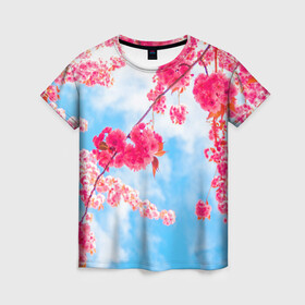 Женская футболка 3D с принтом Цветение Вишни в Курске, 100% полиэфир ( синтетическое хлопкоподобное полотно) | прямой крой, круглый вырез горловины, длина до линии бедер | flowers | pink | бутоны | весна | вишня | дерево | листья | небо | облака | природа | розовый | сакура | солнце | цветение | цветочки | цветы