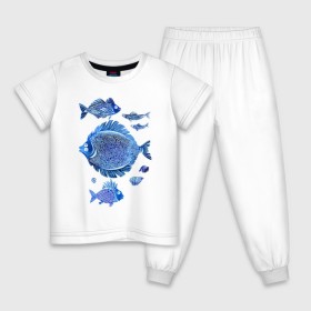 Детская пижама хлопок с принтом Рыбы Чёрного моря в Курске, 100% хлопок |  брюки и футболка прямого кроя, без карманов, на брюках мягкая резинка на поясе и по низу штанин
 | синий море рыба рыбы акварель графика забавные мультяшные лето