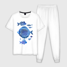 Мужская пижама хлопок с принтом Рыбы Чёрного моря в Курске, 100% хлопок | брюки и футболка прямого кроя, без карманов, на брюках мягкая резинка на поясе и по низу штанин
 | синий море рыба рыбы акварель графика забавные мультяшные лето