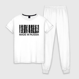 Женская пижама хлопок с принтом Made in Russia в Курске, 100% хлопок | брюки и футболка прямого кроя, без карманов, на брюках мягкая резинка на поясе и по низу штанин | barcode | country | forest | russia | береза | лес | родина | россия | страна | штрихкод