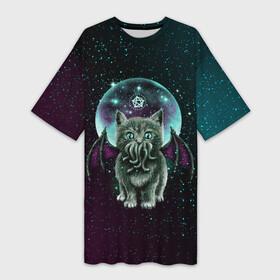 Платье-футболка 3D с принтом КОТ КТУЛХУ в Курске,  |  | animals | cat | cthulhu | demon | kittens | monster | neon | signs | space | stars | wings | демон | животные | звезды | знаки | космос | кот | котята | крылья | ктулху | монстр | неон