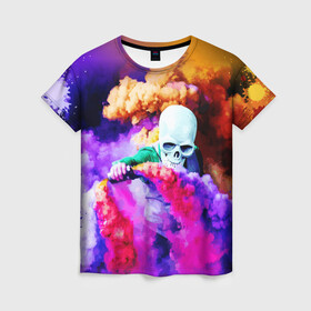 Женская футболка 3D с принтом Череп в дыму в Курске, 100% полиэфир ( синтетическое хлопкоподобное полотно) | прямой крой, круглый вырез горловины, длина до линии бедер | вода | дым | краски | огонь | скелеты | цветной | череп | шашки | яркий
