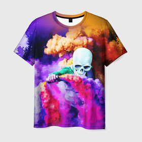 Мужская футболка 3D с принтом Череп в дыму в Курске, 100% полиэфир | прямой крой, круглый вырез горловины, длина до линии бедер | Тематика изображения на принте: вода | дым | краски | огонь | скелеты | цветной | череп | шашки | яркий