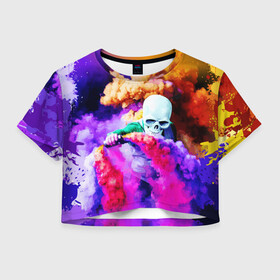 Женская футболка Crop-top 3D с принтом Череп в дыму в Курске, 100% полиэстер | круглая горловина, длина футболки до линии талии, рукава с отворотами | вода | дым | краски | огонь | скелеты | цветной | череп | шашки | яркий