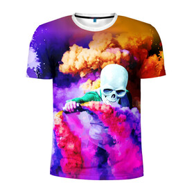 Мужская футболка 3D спортивная с принтом Череп в дыму в Курске, 100% полиэстер с улучшенными характеристиками | приталенный силуэт, круглая горловина, широкие плечи, сужается к линии бедра | вода | дым | краски | огонь | скелеты | цветной | череп | шашки | яркий