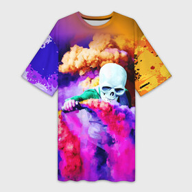 Платье-футболка 3D с принтом Череп в дыму в Курске,  |  | вода | дым | краски | огонь | скелеты | цветной | череп | шашки | яркий