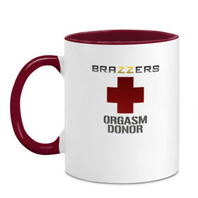 Кружка двухцветная с принтом Brazzers orgasm donor в Курске, керамика | объем — 330 мл, диаметр — 80 мм. Цветная ручка и кайма сверху, в некоторых цветах — вся внутренняя часть | brazzers | milf | ананизм | бразерс | браззерс | братья | донор | звезда | милф | мо | надпись | прик