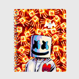 Тетрадь с принтом MARSHMELLO в Курске, 100% бумага | 48 листов, плотность листов — 60 г/м2, плотность картонной обложки — 250 г/м2. Листы скреплены сбоку удобной пружинной спиралью. Уголки страниц и обложки скругленные. Цвет линий — светло-серый
 | Тематика изображения на принте: fire | marshmello | music | дым | зефир | зефирка | лого | лого marshmello | лого маршмеллоу | логотип | логотип marshmello | логотип маршмеллоу | маршиеллоу | маска | музыка | музыкант | огненная рука