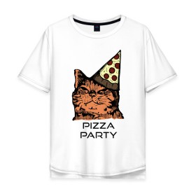 Мужская футболка хлопок Oversize с принтом PIZZA PARTY в Курске, 100% хлопок | свободный крой, круглый ворот, “спинка” длиннее передней части | party | pizza | pizza party | time | арт | веселье | время | для детей | животные | картинка | кот | котик | котики | пицца | пиццы | рисунок | рыжий кот
