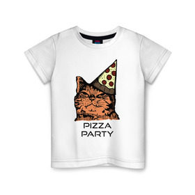 Детская футболка хлопок с принтом PIZZA PARTY в Курске, 100% хлопок | круглый вырез горловины, полуприлегающий силуэт, длина до линии бедер | Тематика изображения на принте: party | pizza | pizza party | time | арт | веселье | время | для детей | животные | картинка | кот | котик | котики | пицца | пиццы | рисунок | рыжий кот