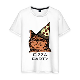 Мужская футболка хлопок с принтом PIZZA PARTY в Курске, 100% хлопок | прямой крой, круглый вырез горловины, длина до линии бедер, слегка спущенное плечо. | party | pizza | pizza party | time | арт | веселье | время | для детей | животные | картинка | кот | котик | котики | пицца | пиццы | рисунок | рыжий кот