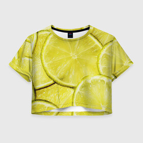Женская футболка Crop-top 3D с принтом Лайм в Курске, 100% полиэстер | круглая горловина, длина футболки до линии талии, рукава с отворотами | дольки лайма | дольки лимона | лайм | лимон | текстуры | фрукты
