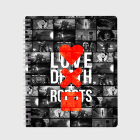 Тетрадь с принтом LOVE DEATH ROBOTS (LDR) в Курске, 100% бумага | 48 листов, плотность листов — 60 г/м2, плотность картонной обложки — 250 г/м2. Листы скреплены сбоку удобной пружинной спиралью. Уголки страниц и обложки скругленные. Цвет линий — светло-серый
 | death | fantastic | future | ldr | love | love death and robots | love death robots | netflix | robots | sci fi | будущее | лдр | любовь | нетфликс | роботы | фантастика