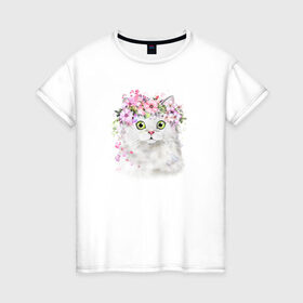Женская футболка хлопок с принтом Котик В Цветах в Курске, 100% хлопок | прямой крой, круглый вырез горловины, длина до линии бедер, слегка спущенное плечо | кот | котик | котик в цветах | рисунок | цветы