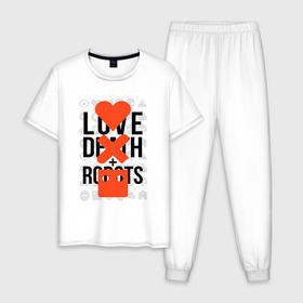 Мужская пижама хлопок с принтом LOVE DEATH ROBOTS (LDR) в Курске, 100% хлопок | брюки и футболка прямого кроя, без карманов, на брюках мягкая резинка на поясе и по низу штанин
 | Тематика изображения на принте: death | fantastic | future | ldr | love | love death and robots | love death robots | netflix | robots | sci fi | будущее | лдр | любовь | нетфликс | роботы | фантастика