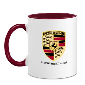 Кружка двухцветная с принтом PORSCHE в Курске, керамика | объем — 330 мл, диаметр — 80 мм. Цветная ручка и кайма сверху, в некоторых цветах — вся внутренняя часть | auto | boxter | cayenne | macan | porsche | sport | авто | автомобиль | автомобильные | бренд | каен | макан | марка | машины | порш | порше | премиум | спорт