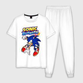 Мужская пижама хлопок с принтом Sonic в Курске, 100% хлопок | брюки и футболка прямого кроя, без карманов, на брюках мягкая резинка на поясе и по низу штанин
 | 90 е | old school | sega | sonic | еж | игра | олдскулл | сега | синий еж | соник