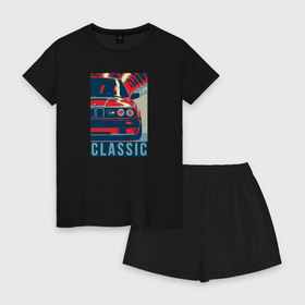Женская пижама с шортиками хлопок с принтом BMW e30 classic в Курске, 100% хлопок | футболка прямого кроя, шорты свободные с широкой мягкой резинкой | bmw | dtm | e30 | m3 | retro | vintage | бамбус | беха | бмв | бумер | бэха | винтаж | дтм | е30 | классика | классическая | м3 | на стиле | немецкая | плакат | постер | стиль | стильная