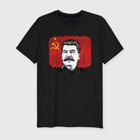 Мужская футболка хлопок Slim с принтом Сталин и флаг СССР в Курске, 92% хлопок, 8% лайкра | приталенный силуэт, круглый вырез ворота, длина до линии бедра, короткий рукав | джугашвили | иосиф | капитал | капитализм | коба | коммунизм | коммунист | маркс | победа | ретро | родина | серп и молот | советский союз | социализм | социалист | ссср | сталин | страна | флаг