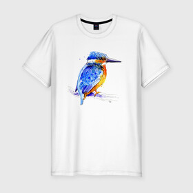 Мужская футболка хлопок Slim с принтом Kingfisher в Курске, 92% хлопок, 8% лайкра | приталенный силуэт, круглый вырез ворота, длина до линии бедра, короткий рукав | акварель | графика | зимородок | крутой | модный | принт | птица | птичка | рисунок | рыбак | рыболов | скетч | стильный | яркий