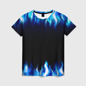Женская футболка 3D с принтом Синий Огонь в Курске, 100% полиэфир ( синтетическое хлопкоподобное полотно) | прямой крой, круглый вырез горловины, длина до линии бедер | абстракция | блеск | волны | дракон | дым | крутой | линии | неон | неоновый | ночь | огненный | огни | огонь | пламя | свет | синий | сияние | яркий