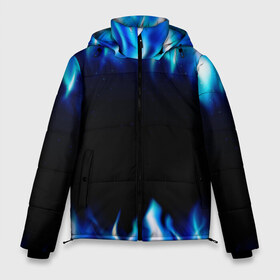 Мужская зимняя куртка 3D с принтом Синий Огонь в Курске, верх — 100% полиэстер; подкладка — 100% полиэстер; утеплитель — 100% полиэстер | длина ниже бедра, свободный силуэт Оверсайз. Есть воротник-стойка, отстегивающийся капюшон и ветрозащитная планка. 

Боковые карманы с листочкой на кнопках и внутренний карман на молнии. | Тематика изображения на принте: абстракция | блеск | волны | дракон | дым | крутой | линии | неон | неоновый | ночь | огненный | огни | огонь | пламя | свет | синий | сияние | яркий